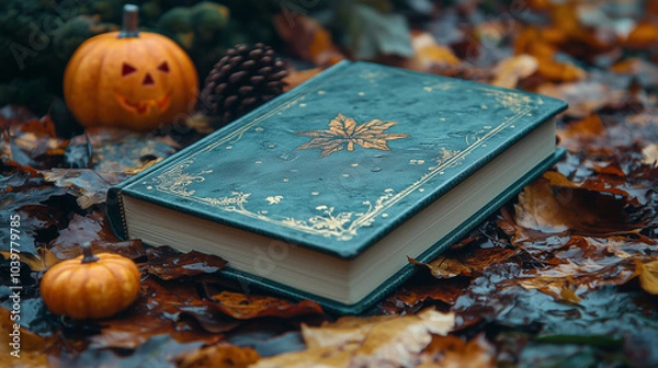 Fototapeta mockup of dark notebook on autumn Halloween background, copy space, spellbook design