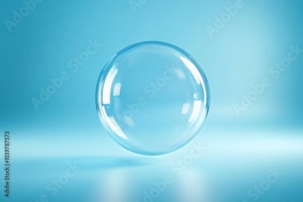 Fototapeta Transparent sphere soap bubble floating on blue background with copy space for serene and minimalist design