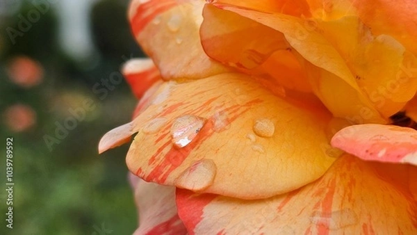 Obraz 가을 야외 공원 정원에 핀 오렌지색 장미꽃과 빗물 방울 클로즈업