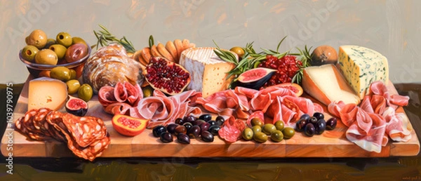 Fototapeta Front view of the wooden platter with variety of fresh meats and cheeses, ham and salami