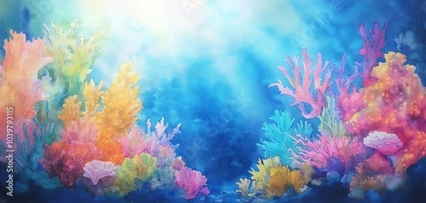Fototapeta Vibrant underwater scene with colorful coral reefs and a sunbeam shining through.