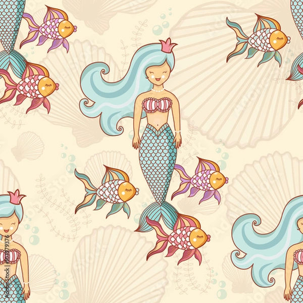 Obraz Marine seamless pattern with fish and mermaids