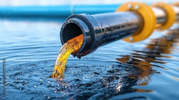 Fototapeta Pipe releasing contaminated water into a body of water, highlighting pollution issues.