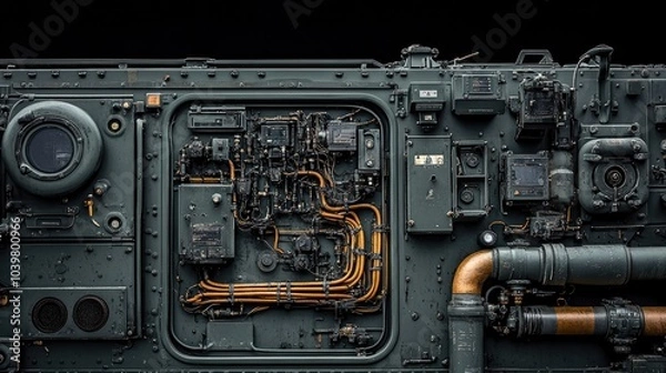 Fototapeta A close-up of a complex machinery panel with wires, pipes, and switches.