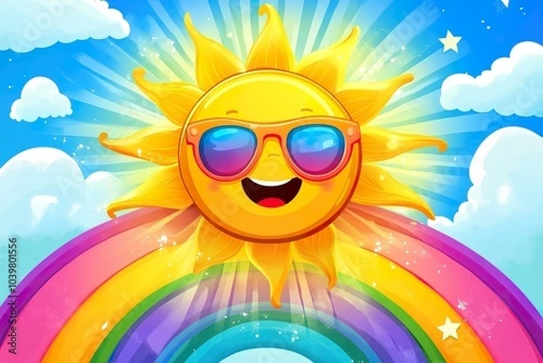 Obraz Cheerful Sun with Sunglasses Shining on a Happy Rainbow Cartoon Style