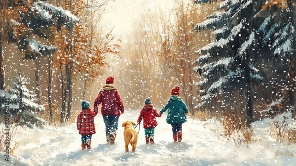 Obraz Family walking in snow with dog in winter forest