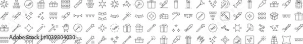 Fototapeta Collection of Outline Symbols of Holidays, Garlands, Magic Wand, Firework Drawn with Thin Line for apps, web sites, banners, infographics and other types of design