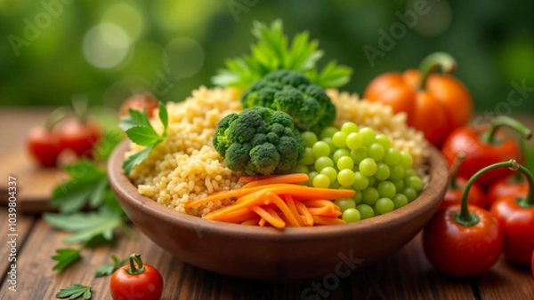 Fototapeta A Vibrant Display of Fresh Vegetables, Rice, and Bright Green Broccoli Arranged Beautifully on a Wooden Table