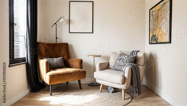 Fototapeta A stylish reading nook featuring a cozy armchair with a grey pillow, a framed mockup for artwork on the wall. Modern design