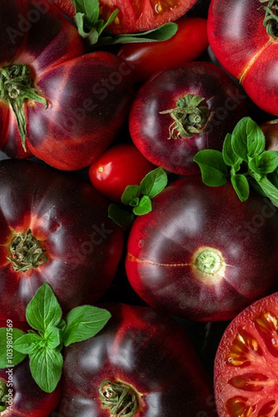 Fototapeta High-resolution image of fresh, juicy red tomatoes with water droplets on a clean background. This photo is perfect for promoting organic produce, healthy food, or farm-to-table concepts. 