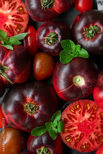 Fototapeta High-resolution image of fresh, juicy red tomatoes with water droplets on a clean background. This photo is perfect for promoting organic produce, healthy food, or farm-to-table concepts. 