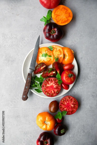Fototapeta High-resolution image of fresh, juicy red tomatoes with water droplets on a clean background. This photo is perfect for promoting organic produce, healthy food, or farm-to-table concepts. 