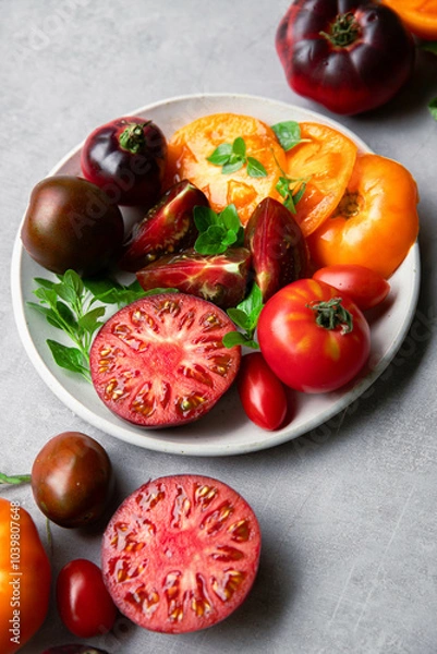 Obraz High-resolution image of fresh, juicy red tomatoes with water droplets on a clean background. This photo is perfect for promoting organic produce, healthy food, or farm-to-table concepts. 