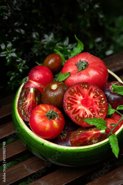 Fototapeta High-resolution image of fresh, juicy red tomatoes with water droplets on a clean background. This photo is perfect for promoting organic produce, healthy food, or farm-to-table concepts. 