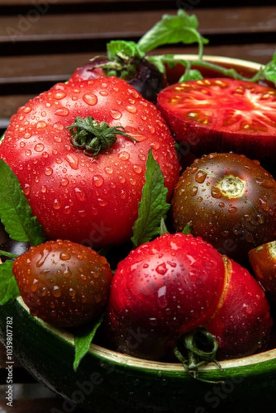 Fototapeta High-resolution image of fresh, juicy red tomatoes with water droplets on a clean background. This photo is perfect for promoting organic produce, healthy food, or farm-to-table concepts. 