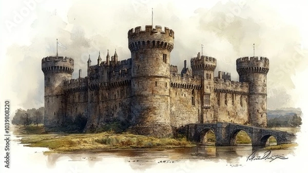 Fototapeta A majestic castle with towers and a bridge over water.