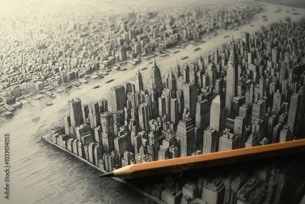 Fototapeta A hand-drawn cityscape created entirely with a single pencil, with the pencil resting next to the artwork 