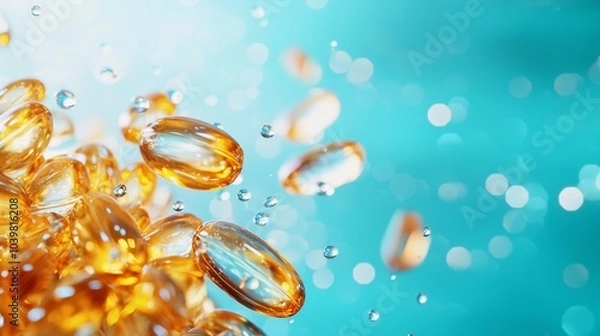 Fototapeta A dynamic heap of fish oil capsules gently scattered, with vibrant, natural lighting, against a blue water background to represent purity and marine origins