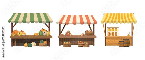 Obraz Farmers stalls set with farmers products. Flat vector illustration. Isolated on white background. Local food at the kiosk at the farmer's fair.