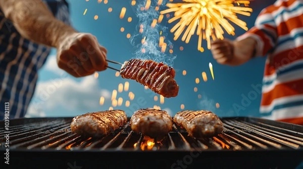 Fototapeta Fourth of July barbecue in a backyard friends grilling food fireworks in the sky high-resolution professional photography clean sharp focus