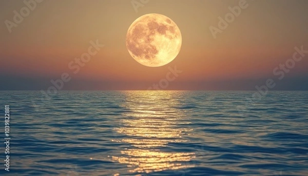 Fototapeta A tranquil sunset over the ocean with a bright, full moon reflecting on the water