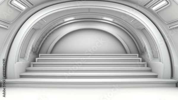 Fototapeta Futuristic White Arched Interior With Stairs   Modern Architecture  Sci Fi  Concept  Desig