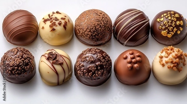 Fototapeta Mouthwatering topdown perspective of assorted chocolate pralines including dark milk and white chocolates beautifully presented on a white background with a variety of toppings and decorations