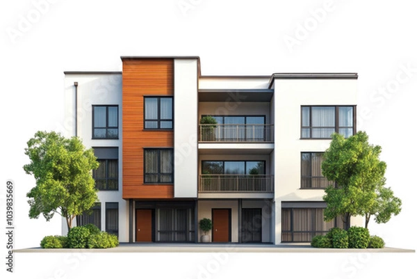 Fototapeta Modern three-story building design with balconies and greenery, isolated on transparent or white background