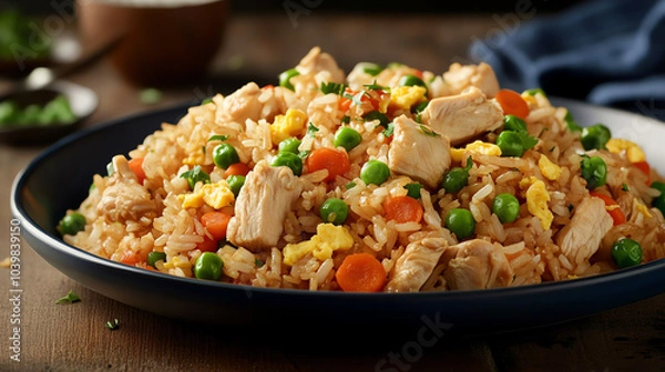 Fototapeta A front view of a plate of chicken fried rice, with diced chicken, green peas, carrots, and scrambled eggs mixed into the rice