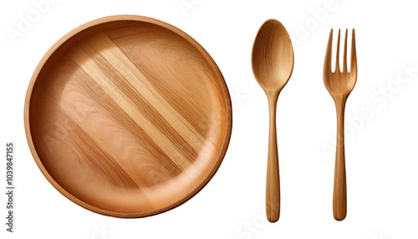 Fototapeta Wooden empty bowl plate with wood fork and spoon isolated on white background. Kitchenware top view photo