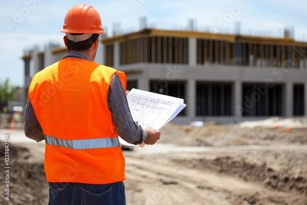 Fototapeta Construction Worker Inspecting Building Site with Blueprint Plans