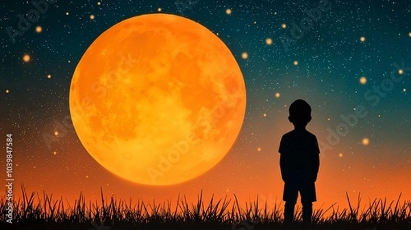 Fototapeta A child gazes at a large orange moon in a starry night sky, creating a serene and magical atmosphere.