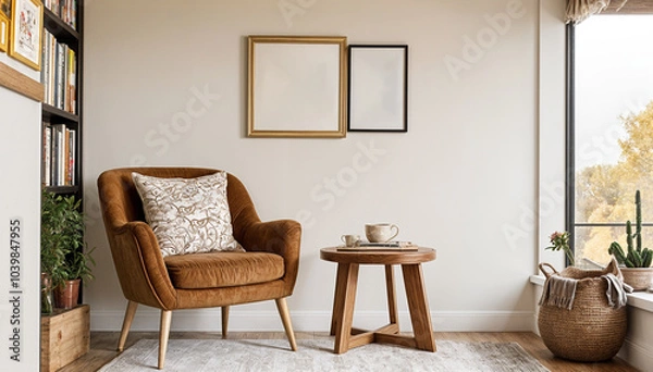 Fototapeta A stylish reading nook featuring a cozy armchair with a pillow, a framed mockup for artwork on the wall. Modern design