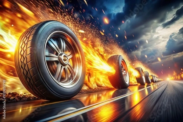 Fototapeta Bokeh Effect of Speeding Wheels with Flames for Dynamic Motion Capture