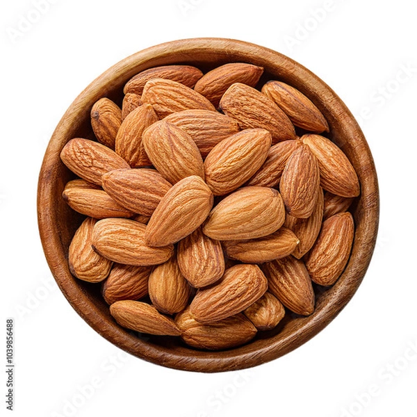 Fototapeta top view of a wooden bowl filled with whole almonds isolated on transparent background, clipping path, cut out, png