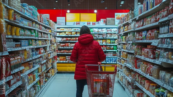 Fototapeta A person is confronted with shockingly high grocery prices, highlighting the significant impact of inflation on daily expenses, as rising costs force consumers to make difficult financial decisions an