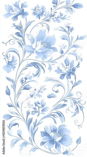 Fototapeta Elegant blue floral pattern design showcasing delicate blooms and intricate vines