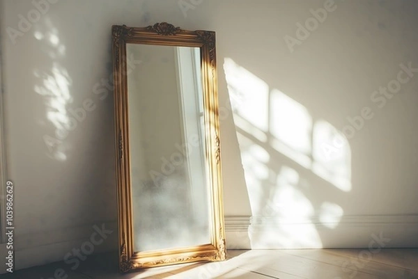 Obraz A mirror with a golden colored frame standing up against a white wall