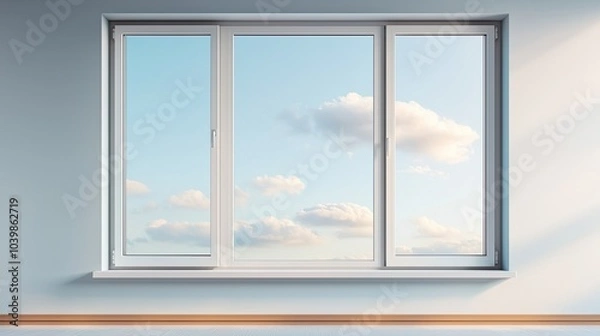 Fototapeta A modern window view showcasing clear skies and clouds, adding brightness to a simple interior space with a light blue wall.
