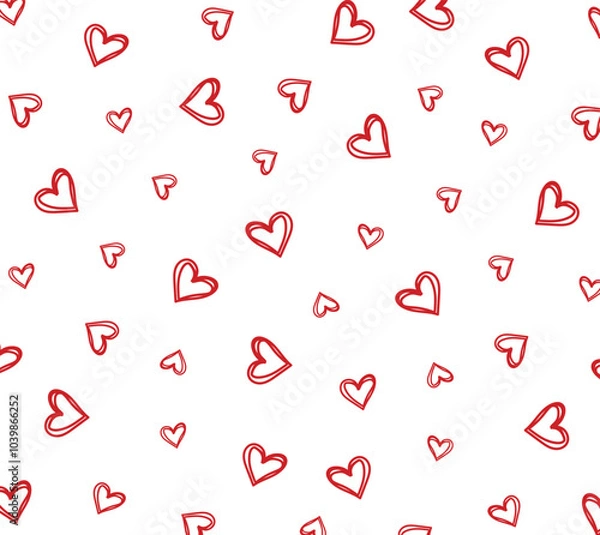Fototapeta All over seamless vector repeat pattern with ditsy small red hand drawn doodle hearts tossed on white background. Simple cute Valentines day background