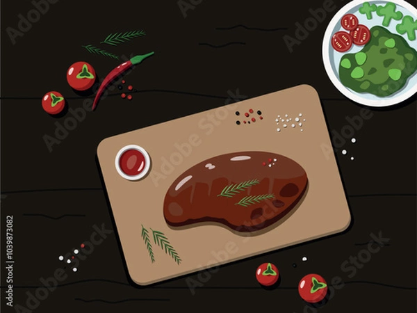 Fototapeta Juicy fried steak with rosemary and sauce on a wooden board. Dinner of salad and meat. Food illustration