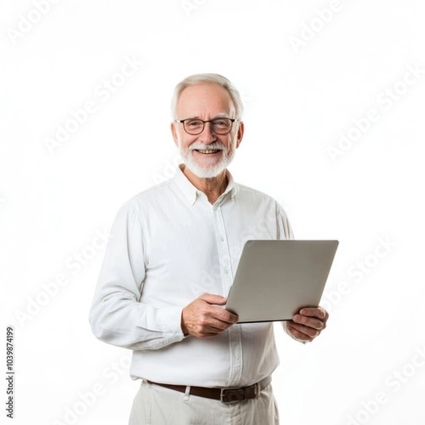 Fototapeta Smiling senior man with laptop background photo happy.
