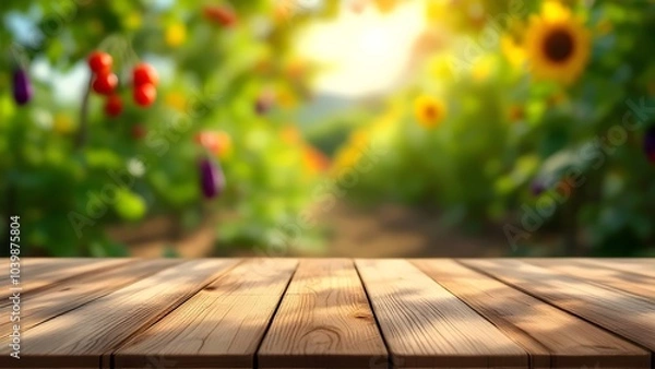 Fototapeta Wooden table in a sunlit garden with blur background of  vegetables and flowers, generative AI