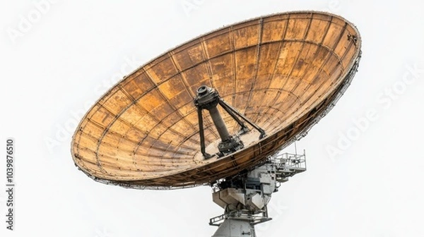 Fototapeta A large satellite dish with a wooden surface against a white sky.