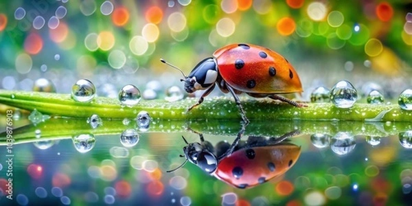 Fototapeta Closeup of a Ladybug on Reflective Surface with Dew Drops - Nature Photography