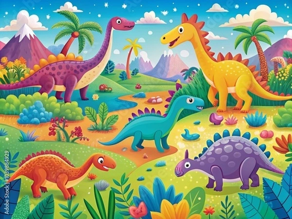 Fototapeta Colorful Dinosaurs Pattern for Kids' Designs and Decor