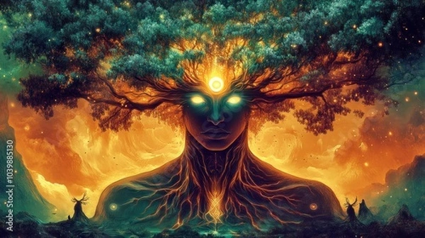Fototapeta Third eye glowing with spiritual roots and branches, AI generated
