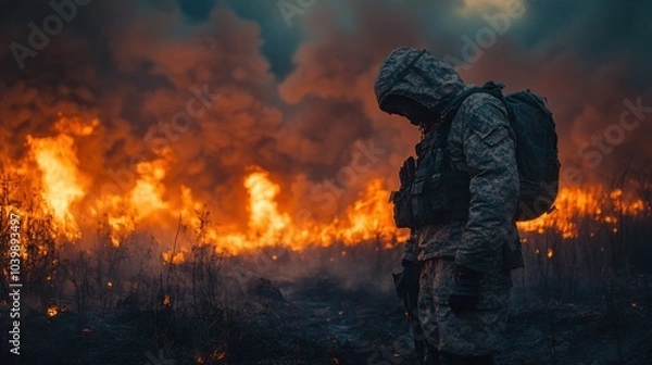 Fototapeta Soldier stands amidst a raging wildfire, reflecting on the chaos.