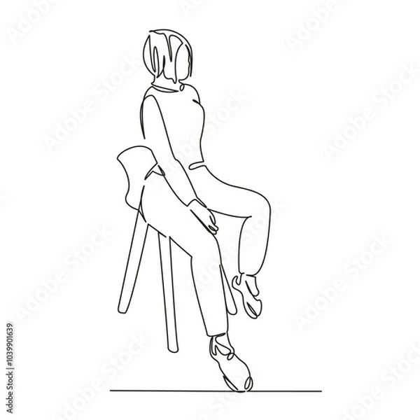 Fototapeta One continuous single drawing line art flat doodle woman, sitting, stool, lifestyle, chair, person, bar, indoor, stylish, trendy. Isolated image hand draw contour on a white background