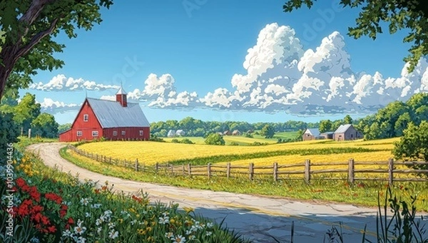 Obraz Cartoon-style scene with a beautiful farm with green fields, blue sky, and a sunny day. 